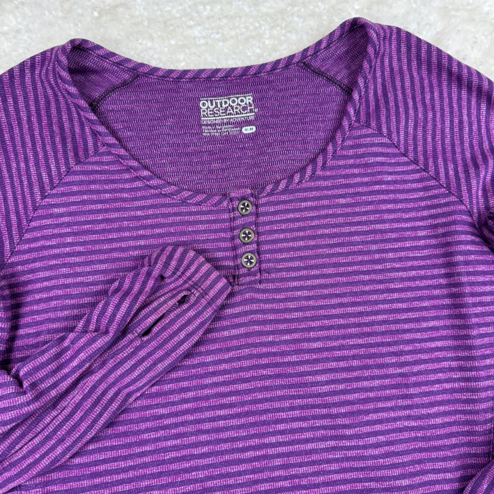 Outdoor Research Mikala Henley Women M Purple Striped Long Sleeve Thumbhole Top